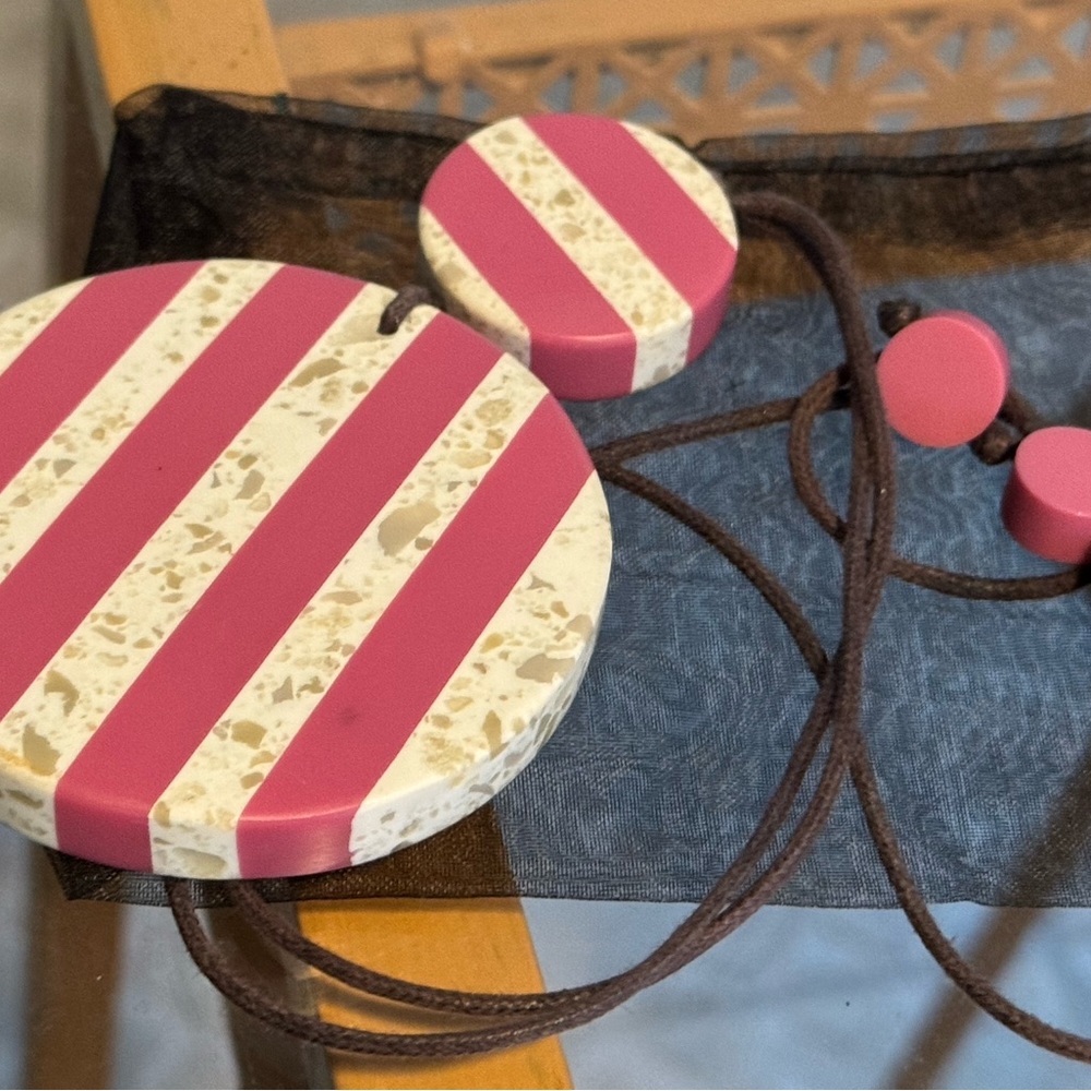 Pink and Cream Striped Kicky Wood & Rope Accent Necklace